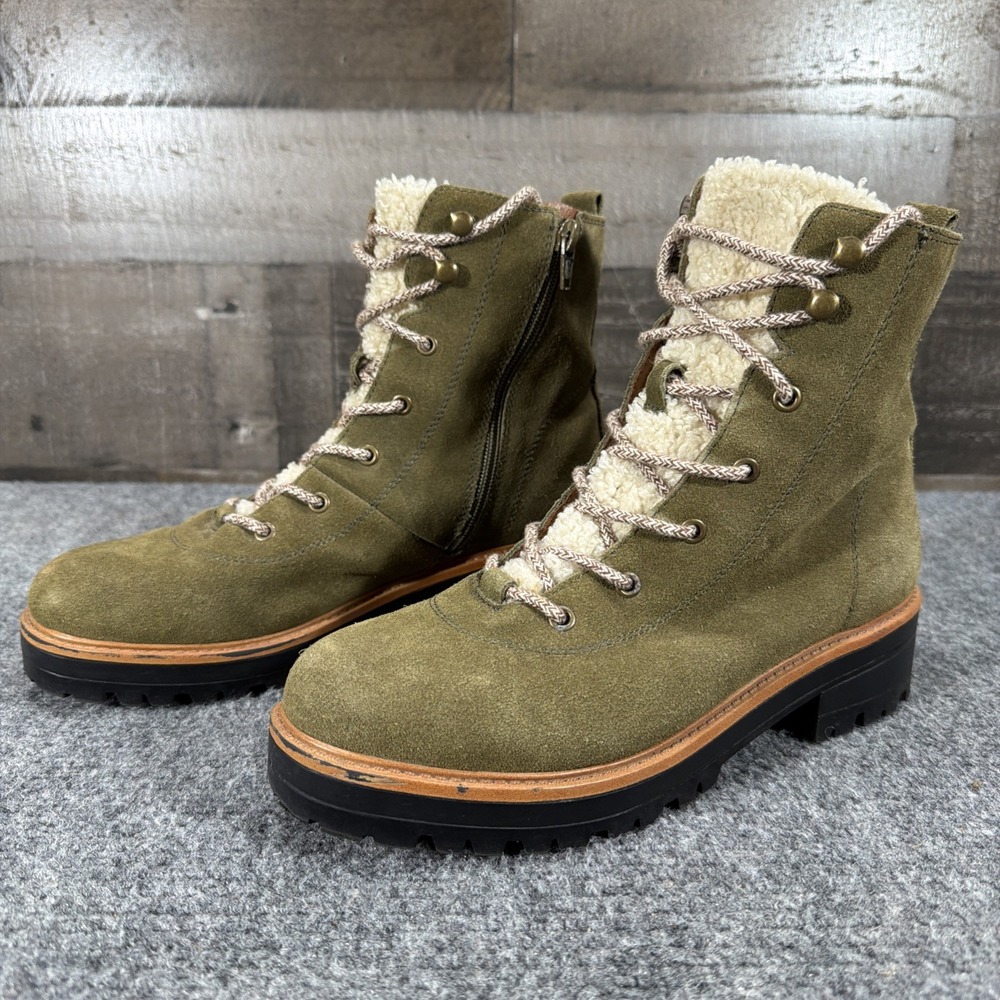 Marc Fisher Izma Hiker Boots Women 7.5 Olive Green Suede Shearling Lug Combat